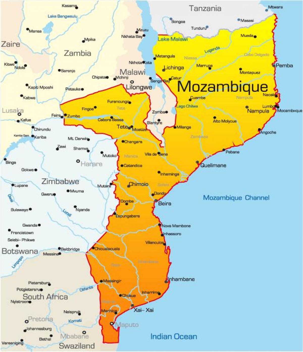 kort over Mozambique kort med afstande