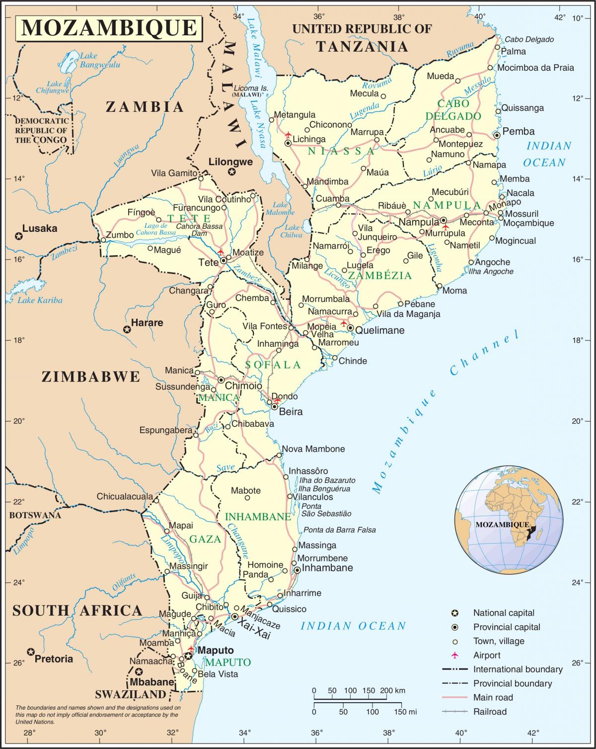 lufthavne i Mozambique på et kort